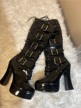 Pleaser Black Patent Lace-Up Platform Knee-High Boots with Buckles